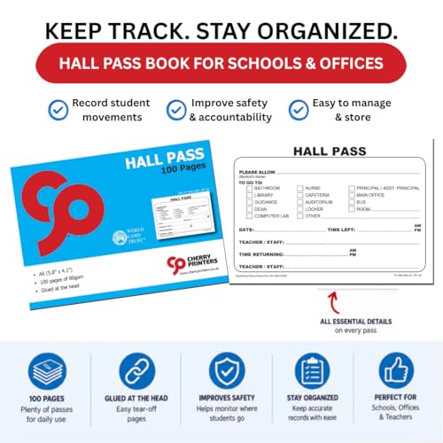 School Hall Pass Book - 100 Pre-Printed Student Bathroom & Classroom Passes, A6 Size
