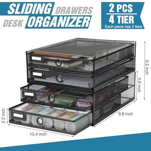 Zhanmai 2 Pack Desk Organizer with Drawer Total 4 Tiers, Wire Mesh Organizers Tray Multifunctional Paper Sorter File Stand for Home Office Supplies Storage Letter A4 Paper Office Accessories (Black)