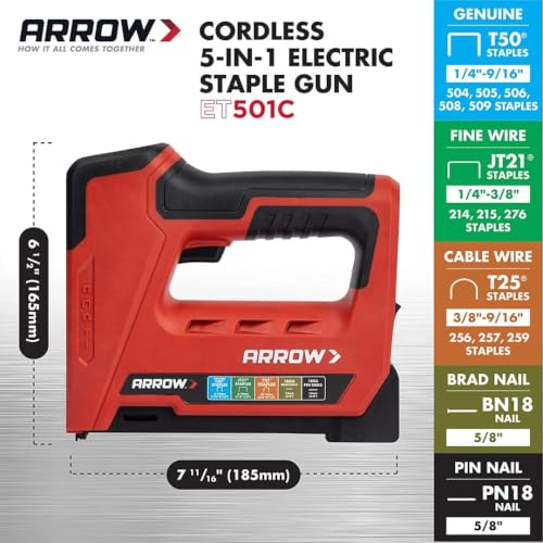 Arrow ET501C Cordless 5-in-1 Staple and Nail Gun – Staple Gun for Upholstery, Framing, Roofing (Variation: Staple and Nail Gun)