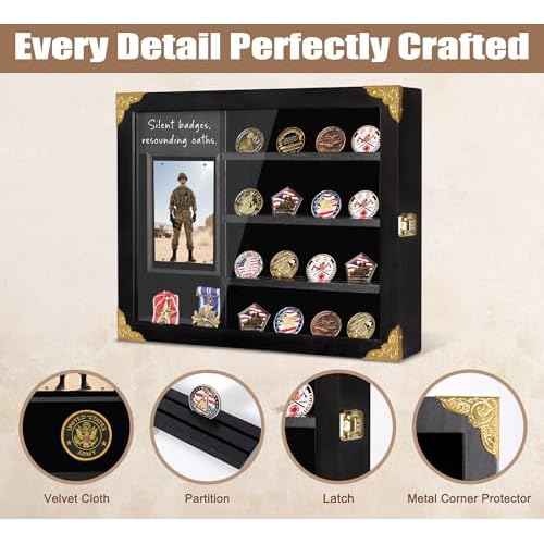 Challenge Coin Display Case with Light, Removable Shelves and Picture Frame for Honor Military Coin Holder Wall Mount, Memorial Gift for Men Veterans Collectors (Black)