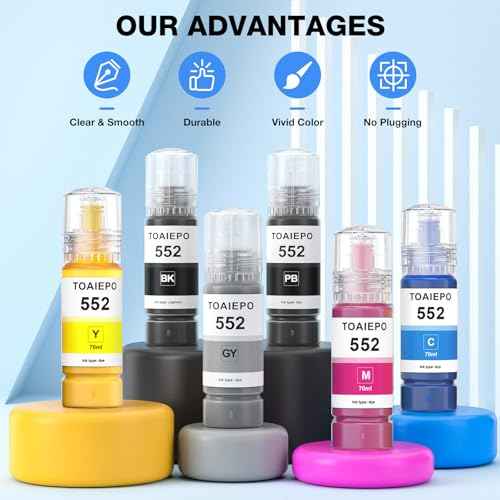 552 Ink Refill Bottles Replacement for Epson T552 Refill Ink Bottles Work with ET-8550 ET-8500 ET8550 ET8500 8550 8500 Printer, 6 Pack (Pigment Black, Color Dye)