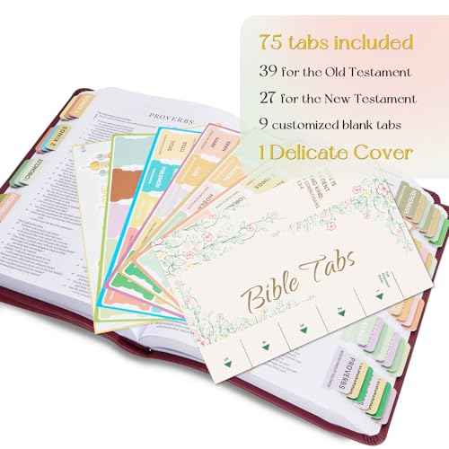 Bible Tabs with Delicate Cover, 75 Tabs with Chapter Titles and Summaries, Christian-Themed Stickers,Waterproof Laminated Bible Tabs,Bible Index Tabs,Bible Study Supplies(Boho)