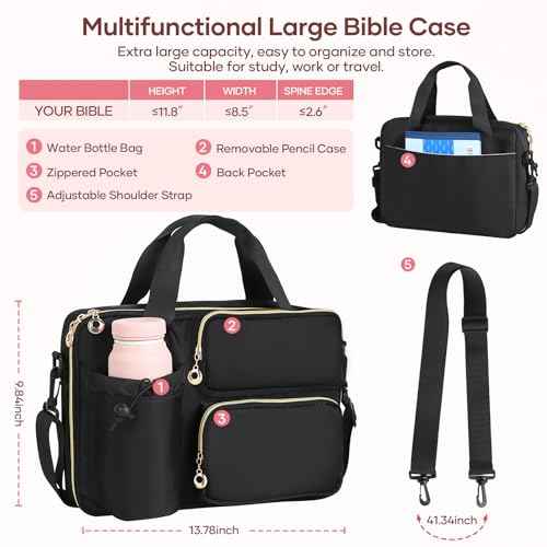 Bible Cover Case for Women, Large Bible Bag with Removable Pencil Case, Water Bottle Pocket and Shoulder Strap for Bible Study Supplies, Church Carrying Journaling Kit, Christian Gift for Women