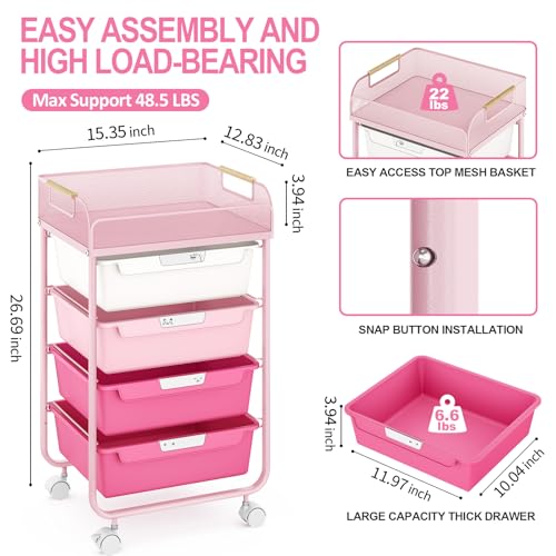 Rose Pink 4-Drawer Rolling Storage Cart with Mesh Top - Gradient Pink