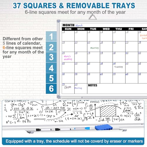 Calendar Whiteboard for Wall, 36" x 24" Double Sided Monthly Dry Erase Board Calendar for Office, Home, School, Hanging Cork Board White Board Combo, Portable Magnetic Dry Erase Planner Board