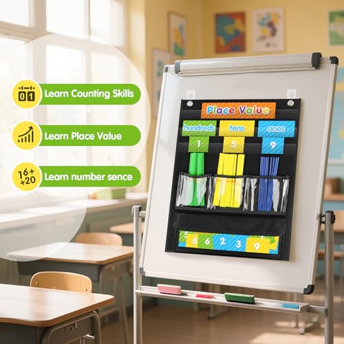 Black Place Value Pocket Chart & Counting Caddie for Classroom, 13x18 Inches