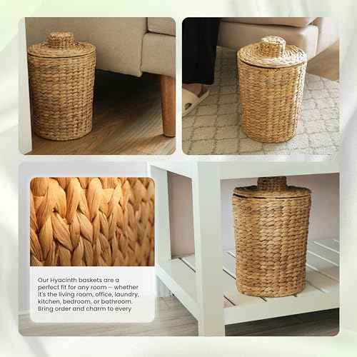 2 Gallons Wicker Waste Basket - Water Hyacinth Bathroom Garbage Can with a Lid - Bathroom Trash Can Boho Style - Wicker Trash Can with Lid for Household, Kitchen - Removable Liner, Iron Frame