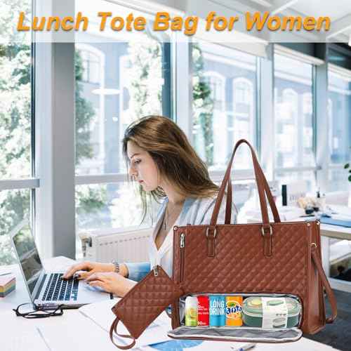 Laptop Tote Bag with Insulated Lunch Compartment for Women, 15.6 Inch PU Leather Briefcase with Leakproof Lunch Box Pocket