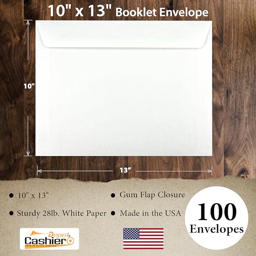 100 Heavy 28lb White Wove Booklet Envelope 10x13 Open Side Gummed Flap