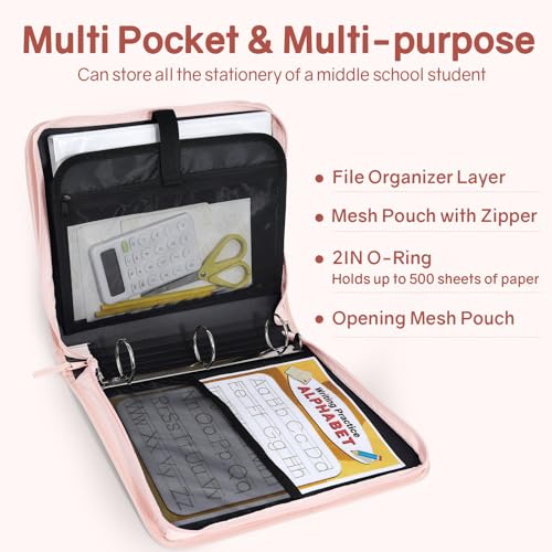 SUNEE Pink Lotus 2-Inch 3-Ring Zippered Binder with Handle, 500-Sheet Capacity, Organizer File Folder