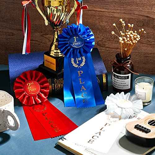 MTLEE 24 Pieces Award Ribbons Set 1st Place Rosette Ribbon Prize for Medals Winner Grand First Second Third Place for Competition Sports Events Prizes, 1st Blue, 2nd Red, 3rd White
