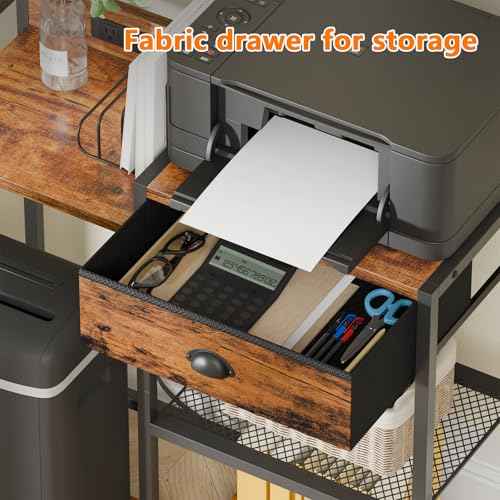Furologee Printer Stand with Storage Drawer,Printer Table with Charging Station and USB Port,Industrial 3 Tier Shelf, Shredder Stand with Wheels,for Home Office,Rustic Brown