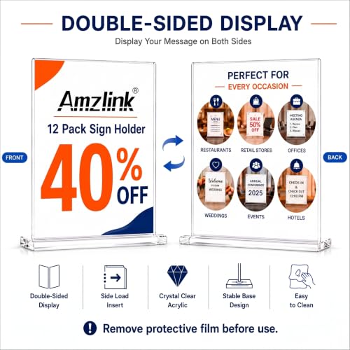 12 Pack Clear Acrylic Sign Holders 8.5x11 Tabletop Display Stands