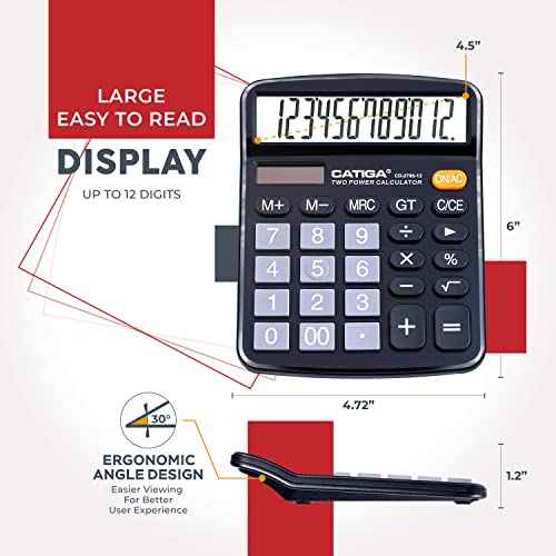 CATIGA 12 Digits Desktop Calculator with Large LCD Display and Sensitive Button, Dual Solar Power and Battery, Standard Function for Office, Home, School, CD-2786