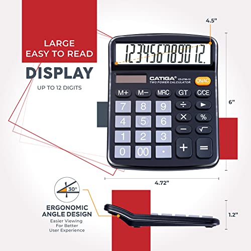 CATIGA Black 12-Digit Desktop Calculator with Large LCD & Big Buttons - Solar & Battery Powered