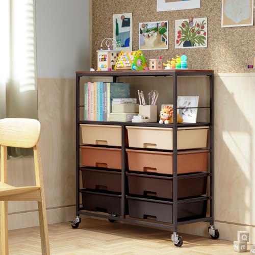 APEXCHASER Rolling Storage Cart with 8 Drawers, Brown Wooden Top