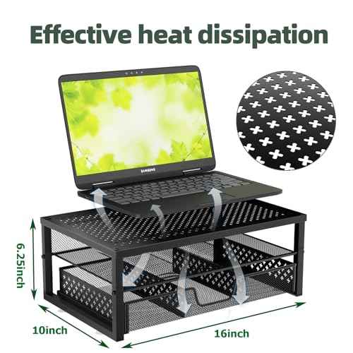 Simple Trending 2 Pack 2 Tier Metal Monitor Riser Stand and Computer Desk Organizer with Drawer, Black
