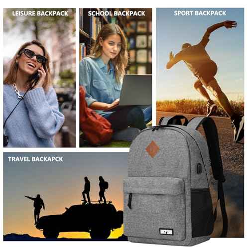 Backpack for Women Men, Lightweight School Backpack for Girls Boys Teens, 17.3 Inch Laptop Daily Use back pack with USB Charger, College High School Bookbag mochilas para hombres, Grey
