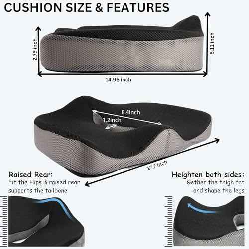 Large Tailbone Pain Relief Cushion, Memory Foam Seat Pillow for Office Chair, Wheelchair, Ergonomic Chair Cushion for Hip Pain, Ideal for Sciatica, Back Pain Relief, Removable & Washable Cover