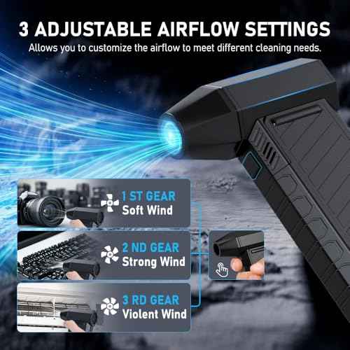 Compressed Air Duster with LED Lights, Rechargeable Cordless Electric Air Blower Turbo Fan, Powerful 3 Gear Adjustable Mini Dust Blower for PC, Computer, Keyboard, Car, Outdoor, and Home