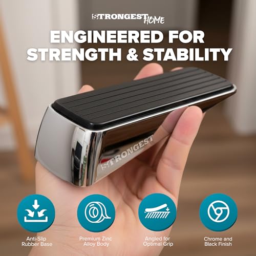 Chrome Heavy Duty Door Stopper Set - Non-Slip Wedge for Heavy Doors, 2 Pack + Wall Protectors - Standard Variation