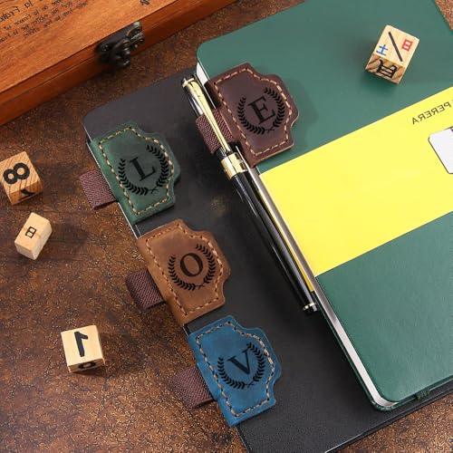 Custom Bookmark with Pen Holder with 26 Letters Personalized Magnetic Leather Book Mark, Customized Name Book Marker Clip with Initial for Men Women, Gifts for Book Lovers, Readers, (Red, M)