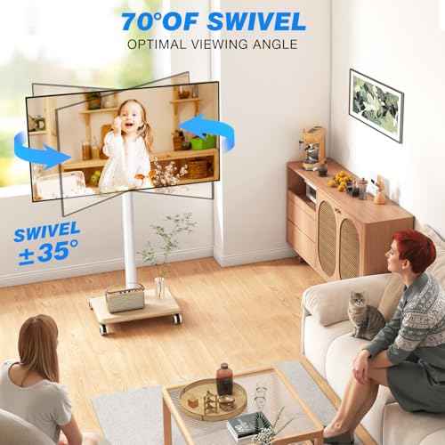 Rfiver Rolling TV Stand for 32 to 55 60 Inch TVs up to 88lbs, Height Adjustable Mobile TV Stand with Wood Base, Space-Saving Design Tall TV Cart Floor Stands for Living Room, Bedroom, Corner (White)