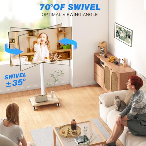Rfiver White Rolling TV Stand for 32-60 Inch TVs, 88lb Capacity, Wood Base, Swivel 70° — Variation: White Without Shelf