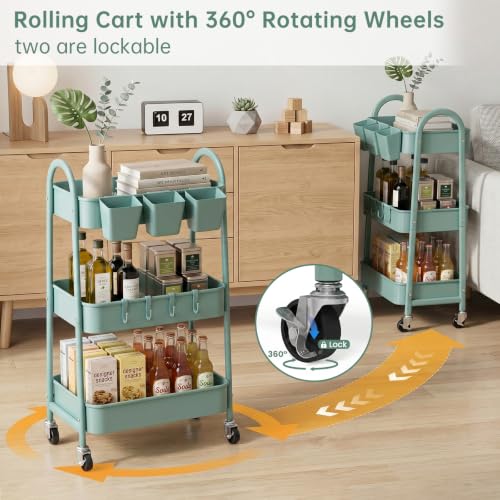 danpinera Green 3-Tier Metal Rolling Storage Cart with Wheels