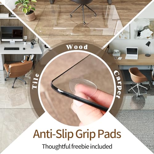 Koonmi 46x55 Clear Tempered Glass Chair Mat - 0.2" Thick, Anti-Slip Pads, Works on Hardwood & Low-Pile Carpet