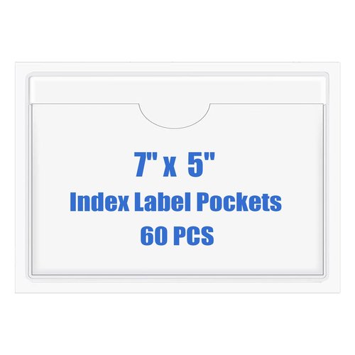 Origin-Joy 60 PCS Self Adhesive Index Card Pockets with Top Open, Clear Plastic Label Holder for Cards of Note, Library and Business, Adhesive Label Pockets & Card Holder (7 x 5 inch)