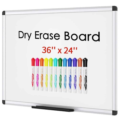 VIZ-PRO Magnetic Dry Erase Board, 36 X 24 Inches, Silver Aluminium Frame, with 12 Colored Whiteboard Pens