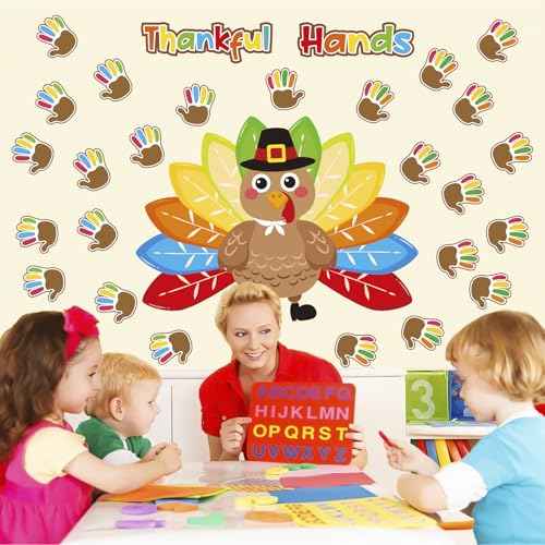 OUNENO Thanksgiving Thankful Hands Turkey Bulletin Board Decoration Big Turkey Handprint Cutouts for Thanksgiving Kindergarten Preschool School Classroom Wall Door (Thanksgiving)