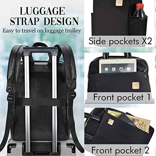 Laptop Backpack for Women Slim Travel - Laptop Bag Computer Case Fit up to 15.6-inch Notebook Lightweight Medium Size Purse for Work Bookbag Water-resistant Business Fashion Stylish PU Leather Black