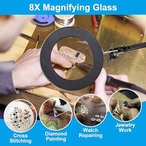 8X Magnifying Glass with Light, 3 Color Modes Stepless Dimmable 8-Diopter Real Glass Lens Magnifier with Light Desk Lamp Clamp Swivel Arm for Crafts Workbench