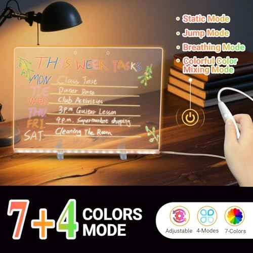 LED Note Board with 7 Colors, 11.8"x7.9" Acrylic Dry Erase Board with Light, 4 Modes Led Drawing Writing Board for Kids with 7 Marker Pen, Light up Message Board with Stand, Glow Rewritable Memo Board