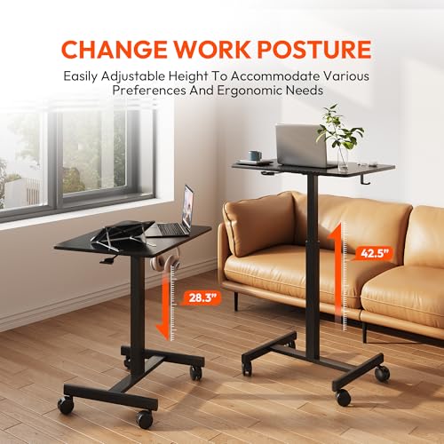 Gamork Carbon Fiber Black Standing Desk on Wheels, Pneumatic Height Adjustable, Mobile Home Office Desk