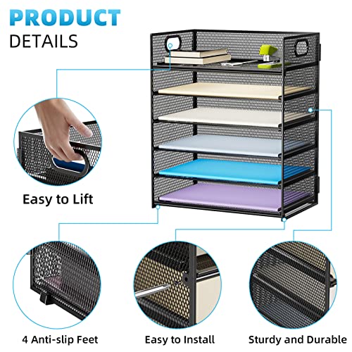 Marbrasse 6-Tier Mesh Paper Organizer Letter Tray with Handle - Black