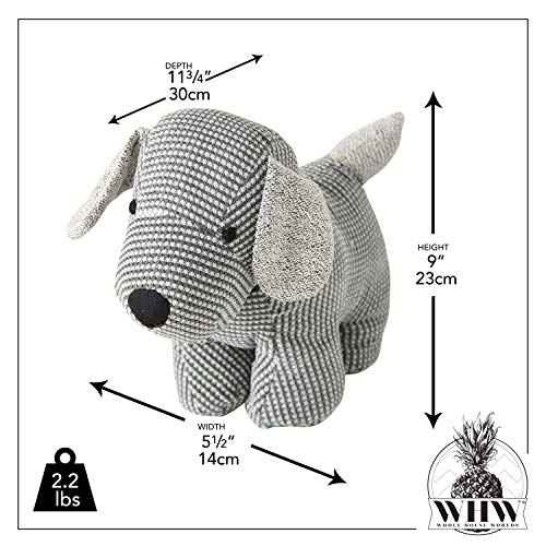 Weighted Puppy Dog Door Stopper, Floppy Ears, Grey, White, Black, Chenille and Tweed Fabric, Polyester Exterior, Polyester and Sand Filling, 9 Inches Tall, 2.2