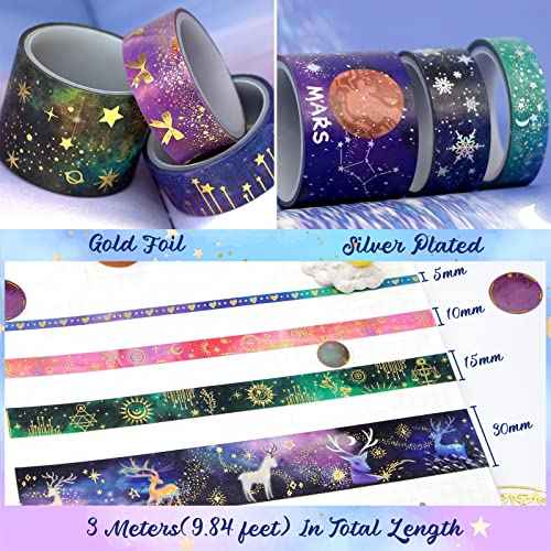 52 Rolls Washi Tape Set, Gold Foil Galaxy Washi Tape for Journaling Supplies, 4 Size Washi Tapes for Scrapbooking, DIY Journal Set, Craft, Gift Wrapping, Painting