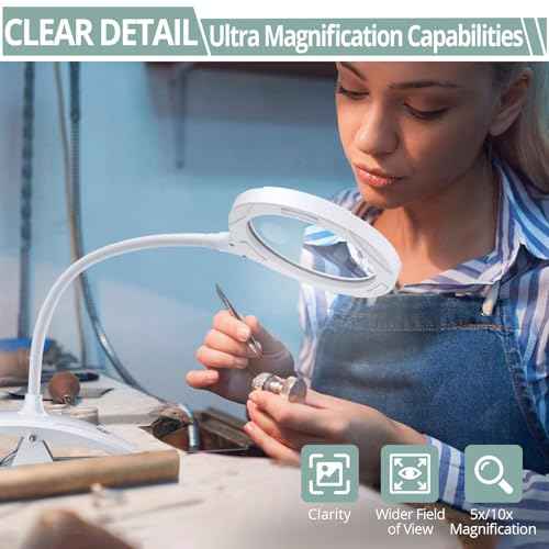 COLFULINE 2-in-1 Rechargeable Magnifying Lamp 5X-10X with LED Light & Touch Button, Magnifying Glass with 3 Adjustable Brightness, Base and Clamp for Reading, Crafts, and Work