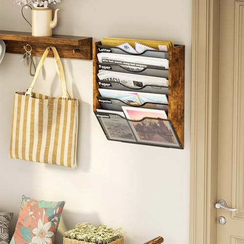Koozuuyk 5-Tier Ironwood Wall-Mounted File Organizer with 5 Pockets, Mesh Mail and Document Holder, Black