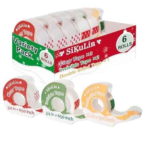 Tape,Gift Wrapping Tape, 6 Rolls with Dispensers, Includes Invisible, Double-Sided and Clear Tape for Wrapping Paper, Back to School, Home, Office, Christmas, Holiday