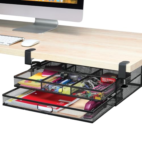 Homeify 2-Drawer Under Desk Clamp-On Organizer Mesh Metal Office Storage