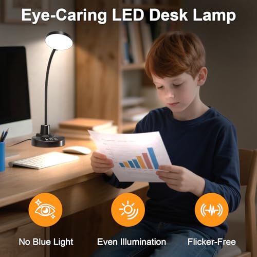 Black 15W Dimmable LED Desk Lamp with USB Ports, 3 Color Temps, 5 Brightness, 4 Timers, Flexible Gooseneck, 3.5'' Light Head, No Remote