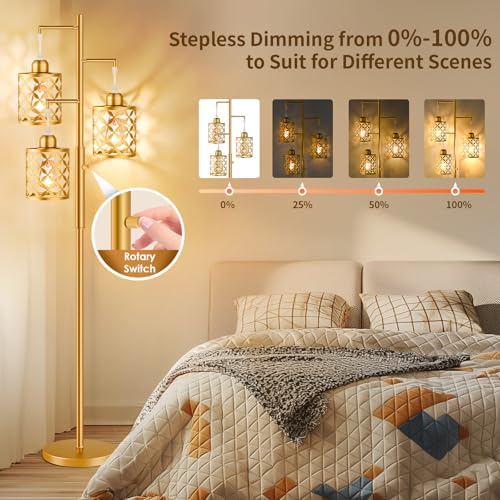 68" Dimmable Floor Lamp, Modern Standing Lamp with Elegant Metal Cage, Industrial Tall Tree Floor Lamps for Living Room, Bedroom, Study Room, Office (2000LM LED Bulbs Included) - Gold