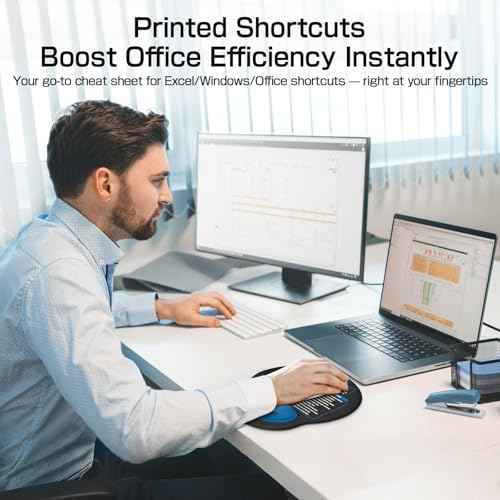 Mouse Pad with Wrist Rest - Ergonomic Memory Foam Support, Small Cute Excel Cheat Sheet Mousepad with Windows & Office Shortcuts, Non-Slip PU Base, for Computer Desk Laptop Travel, Black Blue