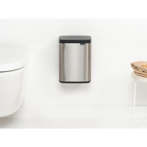 Brabantia Small Bo Trash Can 1.1 Gal - Easy Open, Soft Closing Lid, Hygienic, Space Efficient - for Bathroom, Home Office, Bedroom - Matt Steel FPP - LWH 7.9 x 6.8 x 10.7
