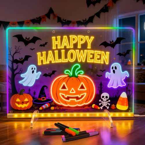 Lumiboard Led Drawing Board,13.7"x10" LED Note Board with 7 Colors, Acrylic Dry Erase Board with Adapter, Stand, 7 Markers & Spray Bottle, Hanging Chain, Halloween Christmas Holiday Gifts for Kids