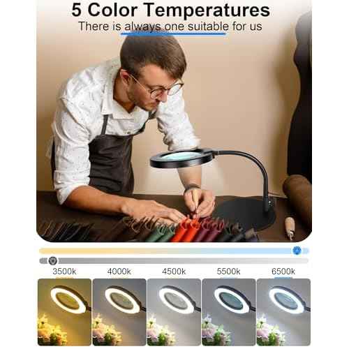 Magnifying Glass with Light and Stand, Hands Free Magnifying Lamp, 5 Color Modes 10 Dimmable Brightness, Metal Base Desk Magnifier Lamp for DIY Craft Reading Painting Sewing Hobby Detail Work